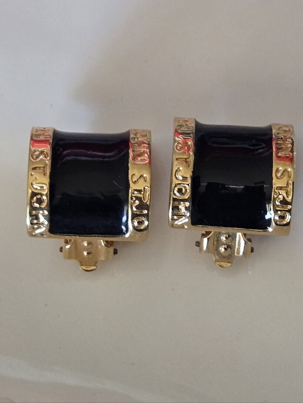 ST JOHN Gold-Tone Black Enamel Clip-On Earrings